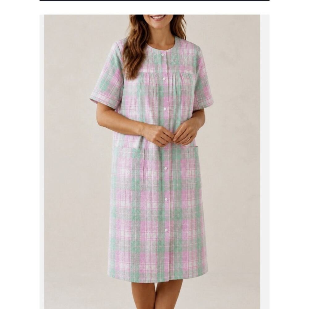 Miss Elaine Housecoat Robe Night Gown Snaps S/S Pastel Plaid Seersucker size XL